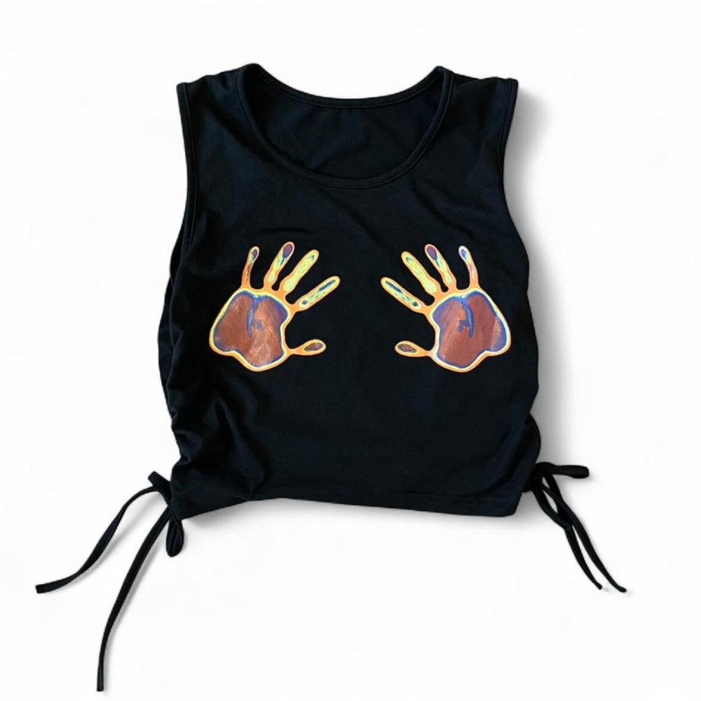 SHEIN Black Crop Top with Colorful Handprint Design